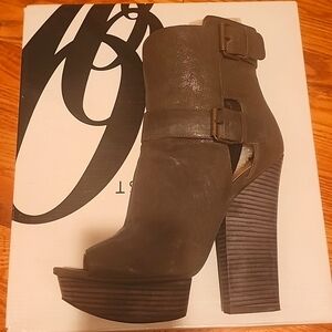 NIB Nine West "Hey Mama" Platform Open Toe Boots Double Buckle Dark Grey 9M